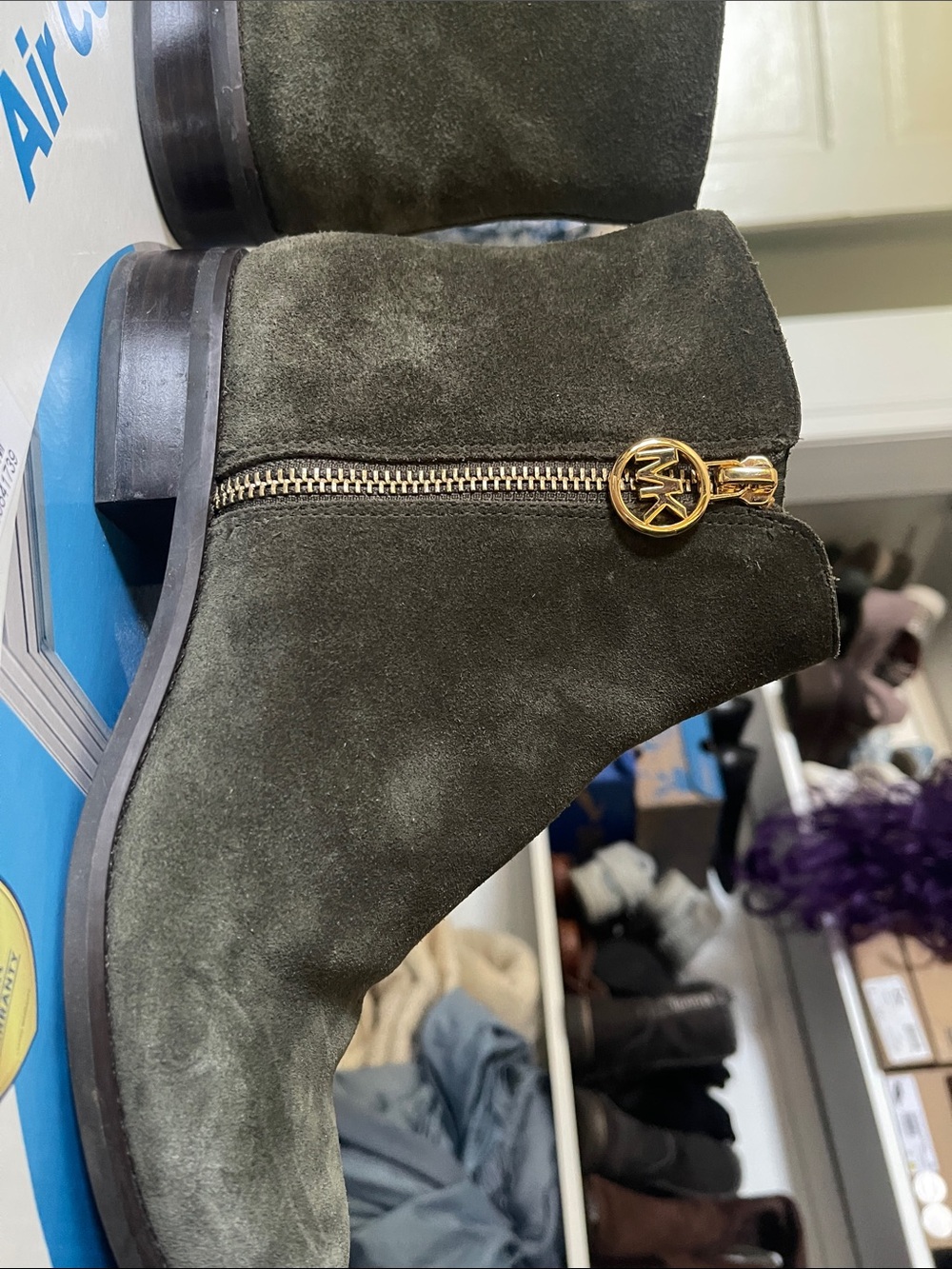 Michael Kors Dark Olive Suede Ankle Booties with Gold MK Zip Pull